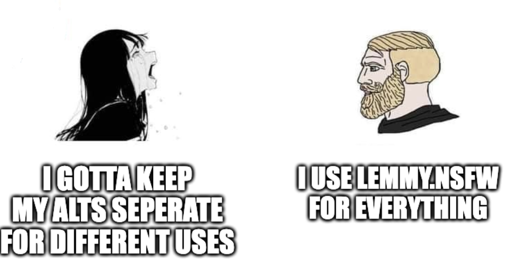 Crying: I gotta keep my alts seperate for different uses. Chad: I use lemmy.nsfw for everything.