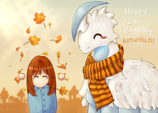 Digital fan art of a thrumbo and colonist from the game Rimworld. The colonist has brown hair and is wearing a blue shirt. They are happily throwing a pile of yellow and orange leaves into the air that shine in the sun. On the right, the thrumbo, a white fluffy creature with blue legs and a scythe-shaped horn on its head, is standing and smiling. It has a brown scarf with orange stripes wrapped around its neck. The background is light orange, with trees, shrubs, fences and a horse seen in the distance, slightly blurred. There's text next to the thrumbo that reads "Happy 12th Birthday RIMWORLD"