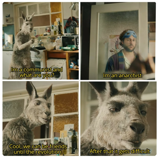 A four-slide comic featuring a kangaroo and a man. The Kangaroo asks:
- I'm a communist, and what are you?
The man answers cautiously:
- I'm an anarchist.
The kangaroo responds:
- Cool, we can be friends until the revolution.
Then it continues:
- After that it gets difficult.