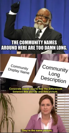 Jimmy McMillan meme with the text "The community names around here are too damn long" above Pam from The Office saying "Community Display Names" and "Community Long Descriptions" are the same picture. 