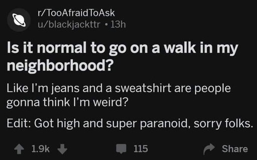 post from r/TooAfraidToAsk. "Is it normal to go on a walk in my neighborhood? Like I'm in jeans and a sweatshirt are people gonna think I'm weird?" "edit: got high and super paranoid, sorry folks."