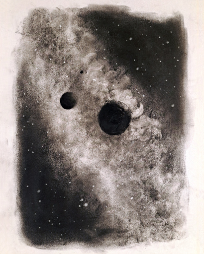 Charcoal drawing showing the silhouette of three planets in front of the milky way.