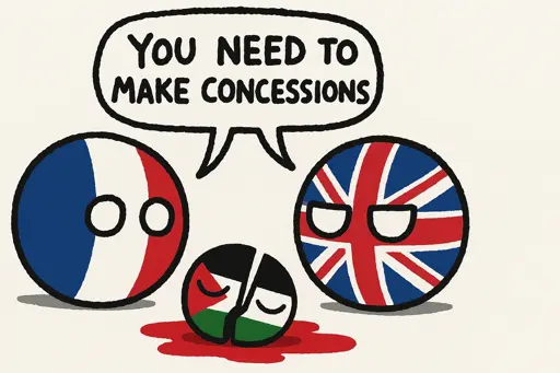 AN AI generated polandball comic, showing france and the uk telling a cut in half and bleeding palestine that it needs to make concessions.