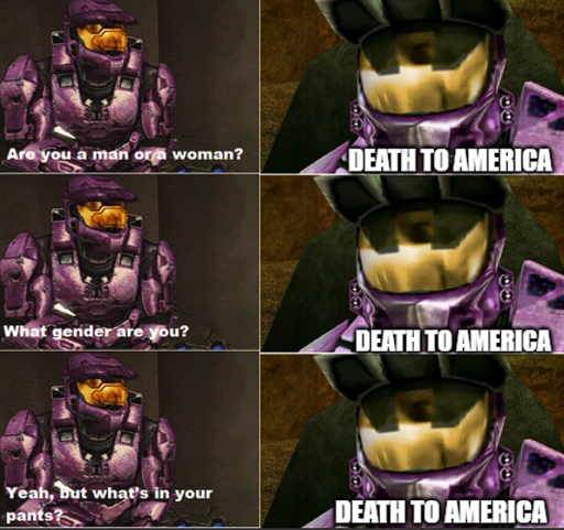 A sci-fi mech soldier in the left three panels and another in the right three panels. Top left: Are you a man or a woman? Top right: Death to America. Middle left: What gender are you? Middle right: Death to America. Bottom left: Yeah, but what's in your pants. Bottom right: Death to america.