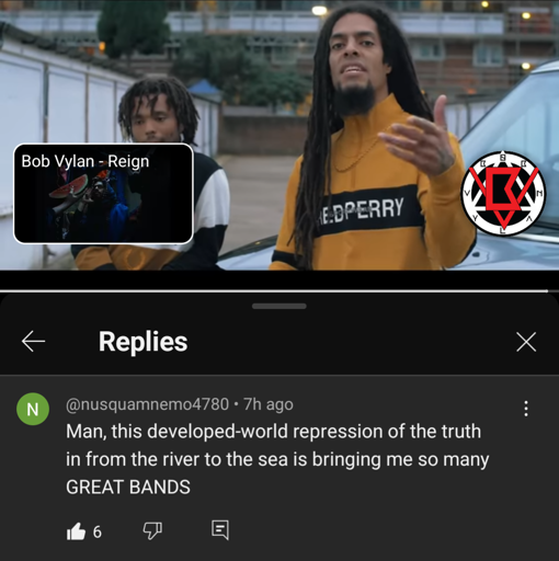 Screenshot from a YouTube music video with a comment. On the top, the two members of the band Bob Vylan. On the bottom, an anonymous comment: "Man, this developed-world repression of the truth in from the river to the sea is bringing me so many GREAT BANDS"