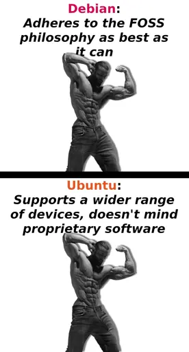 Debian: Adheres to the FOSS philosophy. Ubuntu: supports a wider range of devices, doesn't mind proprietary software. An image of a gigachad is under each text.