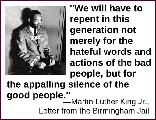 “We will have to repent in this generation not merely for the hateful words and actions of the bad people but for the appalling silence of the good people.”   ― Martin Luther King Jr., Letter from Birmingham Jail